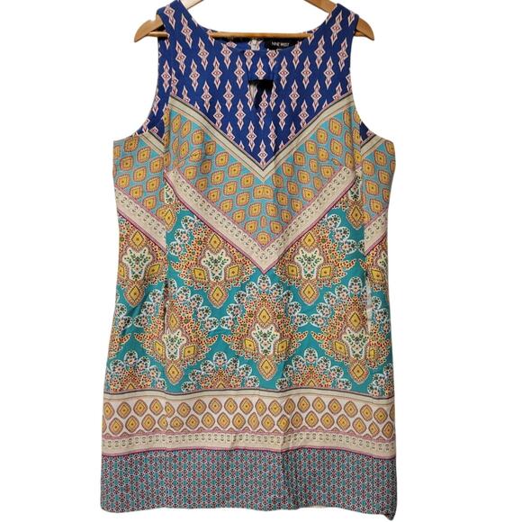 Contrast Print Midi Dress Pockets Geometric 70s Mod Groovy Summer Vacation Sz 16 - Picture 1 of 6